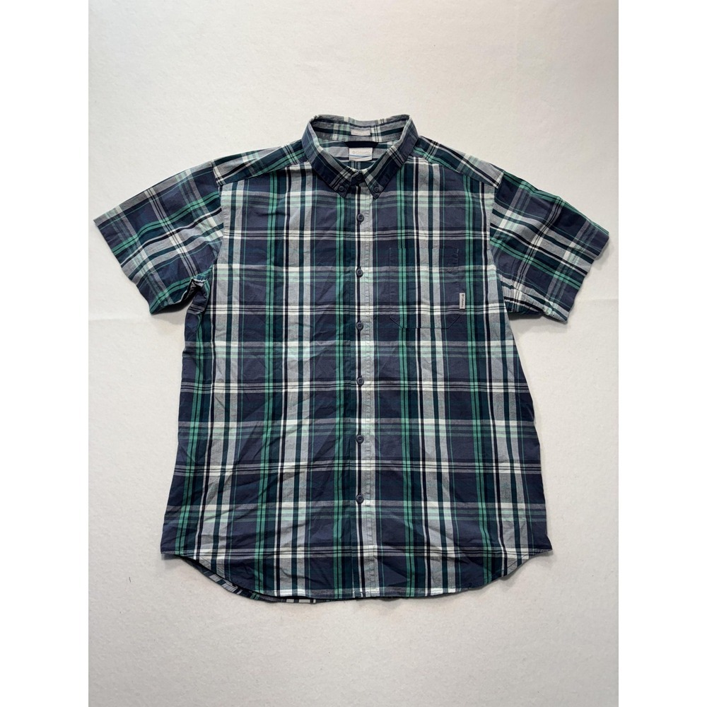 Columbia Shirt Mens Large Blue Green Plaid Short Sleeve Button Up Casual Stretch